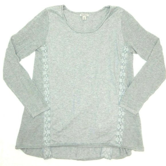 Lucky Brand LS Medium Grey Lace Knit Top Shirt - Picture 1 of 8
